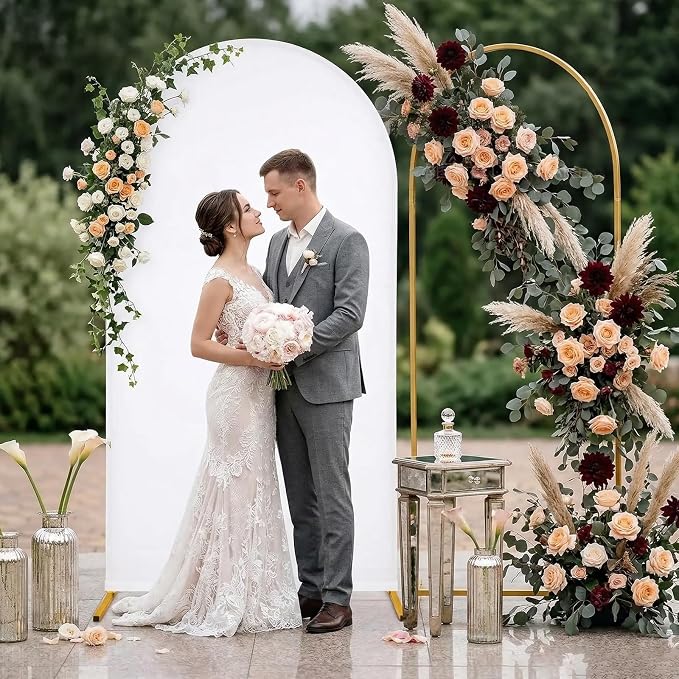 Metal Arch Stand and Cover Set,1 White Spandex Fitted Backdrop with 1 Gold Wedding Arched Stand Frame for Parties Birthday Baby Shower Bridal Banquet Decoration (7.2FT)