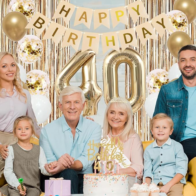 Trgowaul 40th Birthday Decorations for Women, Banner, Sash and Crown, Cake Topper, 40 Number Balloon, Fringe Curtains, Champagne Gold 40th Birthday Party Supplies
