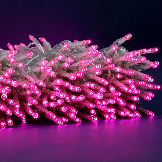 YULETIME 300 Pink String Lights, 100 ft Clear Wire 8 Models Wide Angle LED | 5mm Bulbs, Safe 29V Adapter, Multimode Lighting, Connectable, 100' Total Length, 1-Strand 300 Lights, 4" Spacing