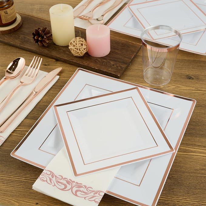 FOCUSLINE 175 Count Rose Gold Dinnerware Set for 25 Guests - Square Plastic Plates with Rose Gold Rim, Includes 25 Disposable Dinner & Dessert Plates, Napkins, Cups, Cutlery Set for Wedding Parties