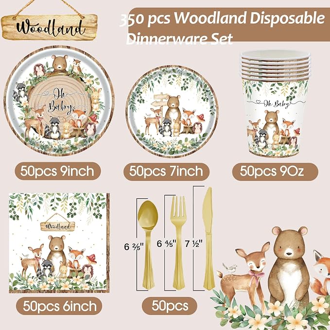 Woodland Baby Shower Party Supplies, 350PCS Safari Jungle Animal Disposable Tableware Set with Plates Napkins Cups Spoons Forks Knives for Woodland Theme Birthday Party Decorations, Serves 50 Guests