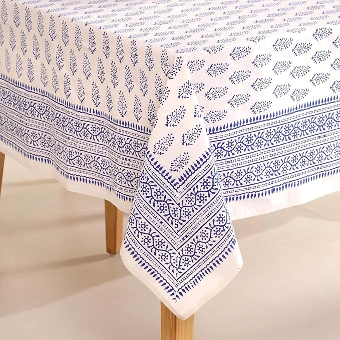 Hand Block Printed Tablecloth, Colorful Floral Print, Indian Artisan Handmade Art, Dining Room, Kitchen, Outdoor Décor, (Blue Buti, 12 Seater 72 x 135 Inches Rectangle)