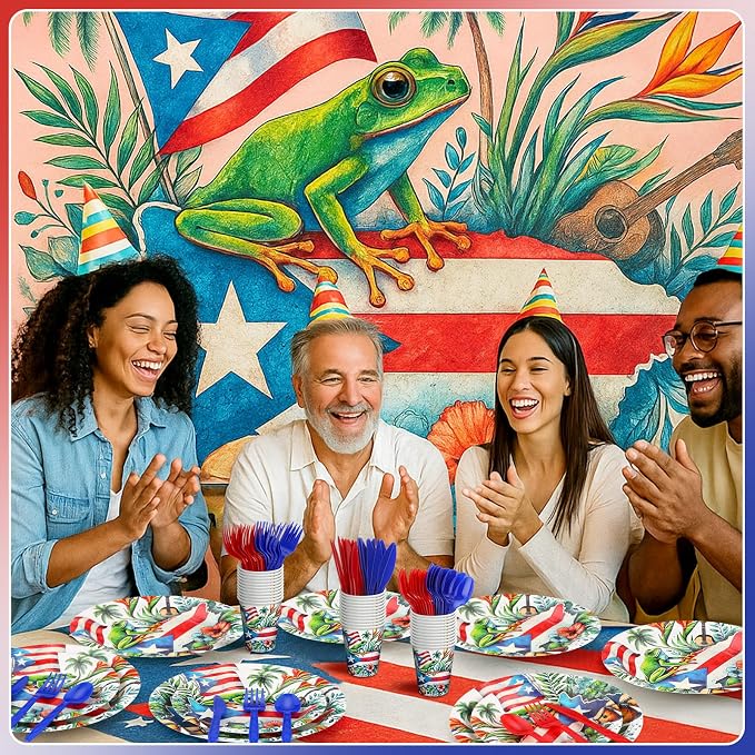 FoldTier 175 Pcs Puerto Rico Party Supplies Disposable Paper Plates Napkins Cups Puerto Rico Theme Birthday Party Decorations Tableware Flag Frog for Holiday Festival Family Serve 25 Guests