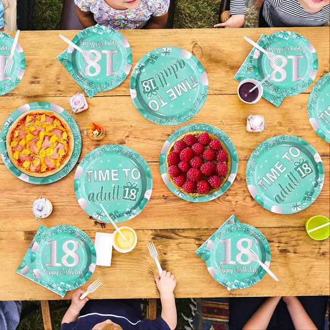 96Pcs Teal and Silver 18th Birthday Party Supplies, Serves 24 | Teal Plates and Napkins Tableware Sets Eighteen Party Decorations for Teens Boys and Girls 18 Years Old Birthday Supplies