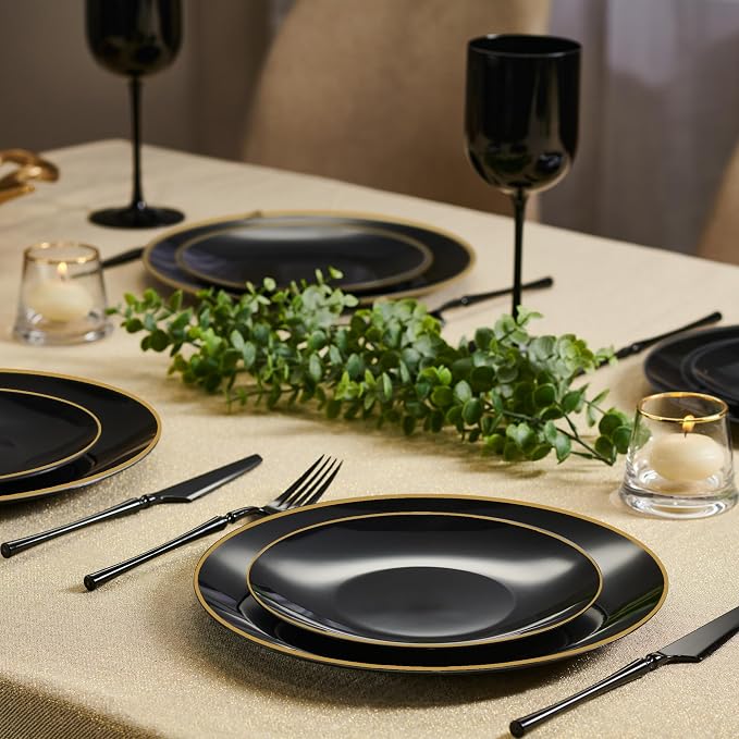 PLASTICPRO 64 Piece Combo Plate Set includes 32-7'' inch & 32-10'' inch Dinner Plates Black Plastic With Gold Rim Design Party Plates, Premium heavyweight Elegant, Disposable Plastic Construction