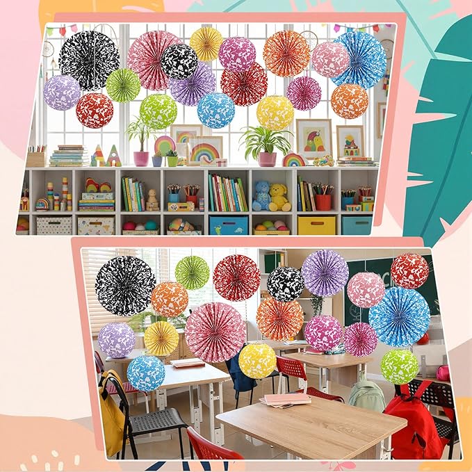 Wavwavw 18 Pcs Colorful Composition Paper Lanterns and Paper Fan Decorations Set, Composition Notebook Hanging Party Decorations Marble Garlands Bulletin Board Decor for Classroom Grad End of Year