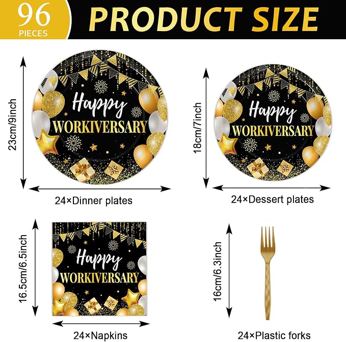 Justforjoyful 96Pcs Happy Work Anniversary Party Supplies Black Gold Happy Workiversary Tableware Dinnerware Set Worker Appreciation Plates Napkins Decorations for Women Men Office Employee Worker