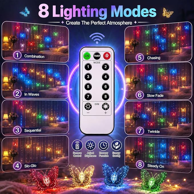 Butterfly Curtain Fairy Lights USB Plug in,8 Modes 120 LED 20FT Firefly Twinkle Timer String Lights with Remote, Waterproof for Bedroom Christmas Wedding Party (Multicolor)