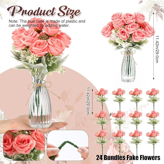 Zeyune 36 Pack Artificial Flowers Centerpiece with Vase Bulk for Wedding Table 24 Bundles Silk Floral Faux Rose Bouquet with 12 Plastic Vase for Bridal Shower Table Decor(Pink)