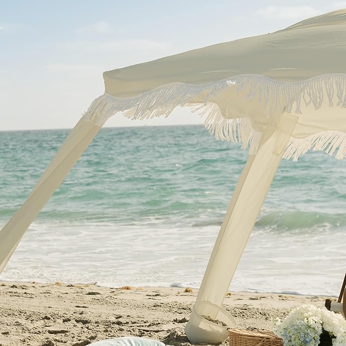 AMMSUN Beach Cabana with Fringe, 7' x 7' Boho Beach Canopy with Tassels, Easy Set up & Premium Wood Pole, Cabana Tent with Sand Pockets, Instant Sun Shade for Sand, Garden, Patio, Beige