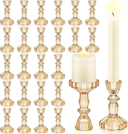 Sieral 24 Pcs Amber Taper Candle Holders 4'' Tall Candlestick Glass Holders Bulk Stripe Decorative Stand Wedding Stick Holder for Anniversary Party Dining Table Festival Decor