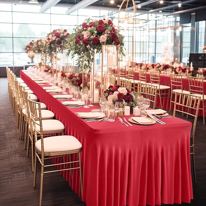 2 Packs Red Table Clothes for 6 Foot Rectangle Tables, Wrinkle Resistant Stretch Spandex Table Covers Fitted Tablecloth with Skirt for Valentines Wedding Birthday Party Event Banquet