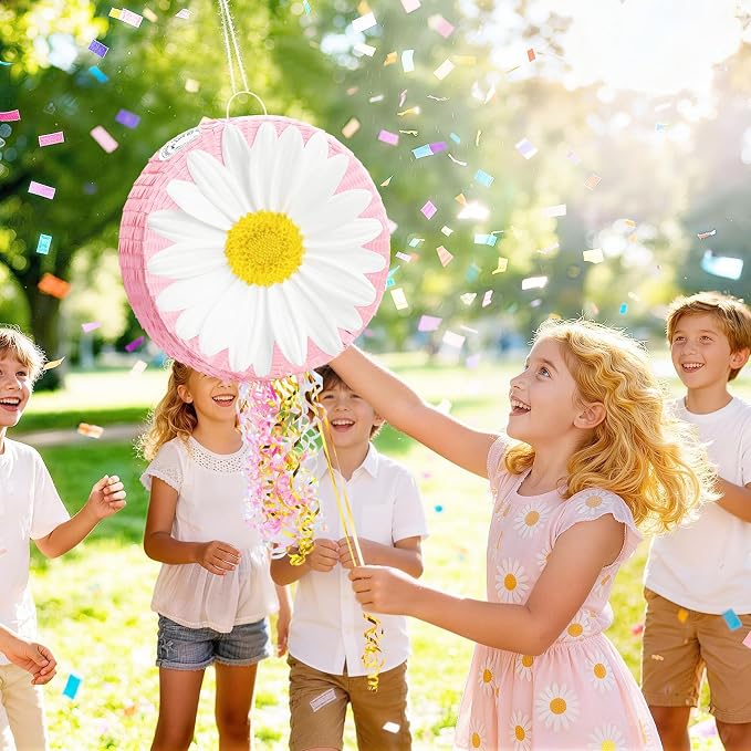 WERNNSAI Daisy Flower Piñata - Daisy Party Game Pink Flower Piñata for Girls Birthday Party Decorations Spring Party Favor Baby Shower Celebration Supply with Bat Blindfold