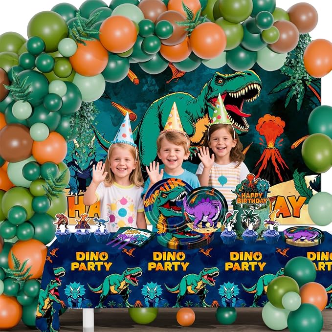 150Pcs Dinosaur Birthday Decorations Dinosaur Themed Party Decorations Set Includes Banner Backdrop Tablecloth Balloons Plates Forks Cake Toppers Cupcake Toppers