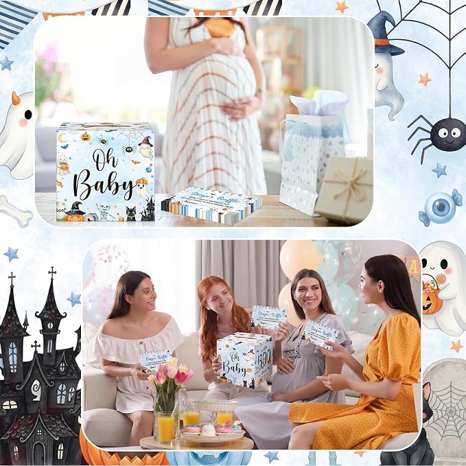 Teling 51 Pieces Diaper Raffle Tickets Box with Card Baby Shower Decorations Gender Reveal Holder Box for Girl Boy Diaper Raffle Party (A Little Boo is Almost Due)