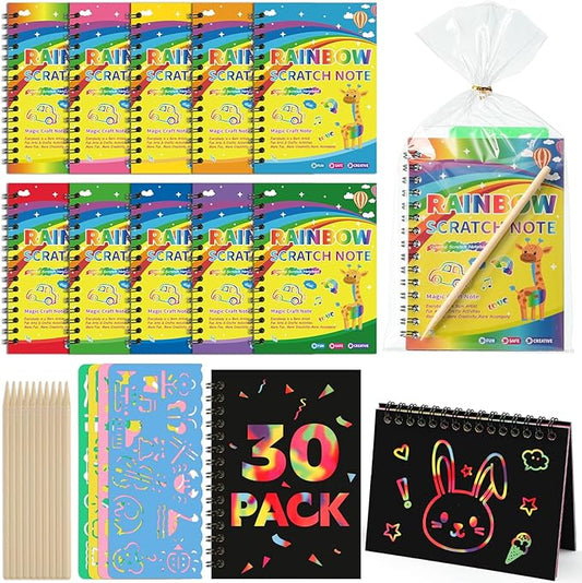 Prudiut 30 Pack Rainbow Scratch Art Notebook, Rainbow Scratch Paper Art Favors Easter Day Gift Birthday Favor for Kids School Classroom