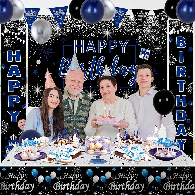 Black and Blue Birthday Party Decorations for Boys Men Women Girls | Balloon Supplies with Happy Birthday Backdrop Banner Tablecloth Confetti Balloons Arch