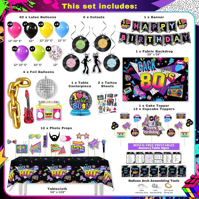 Premium 80s Party Decorations, Back to the 80s Birthday Party Decorations with Fabric Backdrop, Tattoos, Balloon Garland, Banner, Table Decor, Photo Props, Cake Toppers for Birthday Party, and More