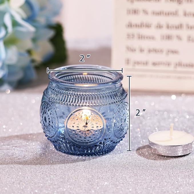 12 Pcs Blue Votive Candle Holders for Bridal Shower Decorations- Floral Style Dusty Blue Candle Holder for Wedding Table Centerpieces, Baby Shower Decor