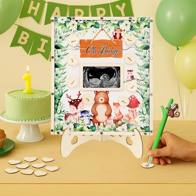 Woodland Baby Shower Decorations,Woodland Animals Baby Shower Guest Book Alternatives with Monkey Pen,Photo Frame and 60 Heart Wood Slices for 60 Guests,Gender Reveal Decorations