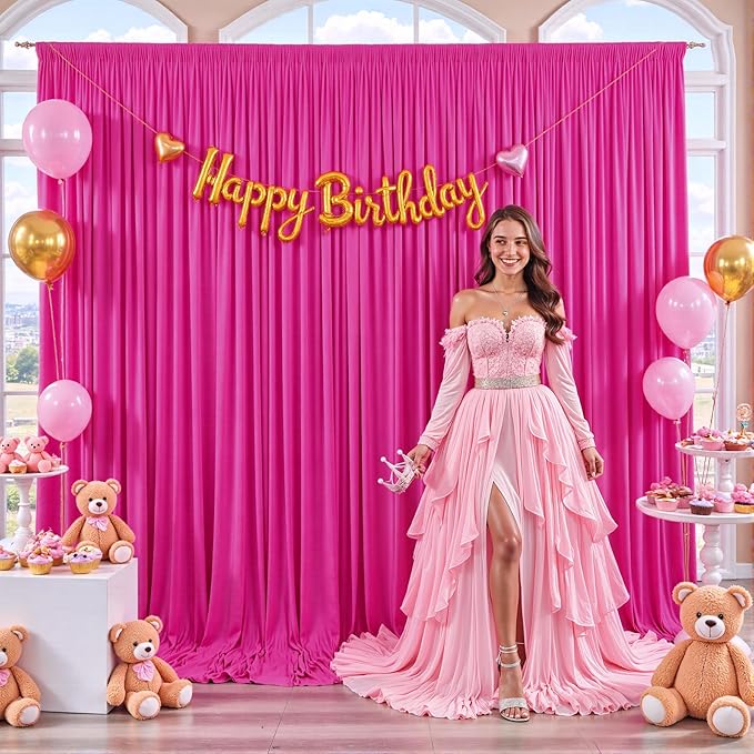 8 Panels Hot Pink Backdrop Curtain for Parties Fuchsia Wrinkle Free 40ft x 10ft Backdrop Drapes Panels for Baby Shower Birthday Photo Photography Polyester Fabric Background Decoration