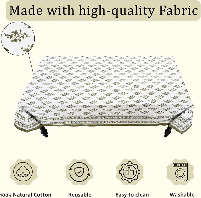 Ridhi Block Print Nature Spring Rectangle Cotton Tablecloth 140" x 72" Reusable Table Cover Decorative Everyday Use for Dining, Farmhouse, Home Gift for Spring, Easter, Valentine