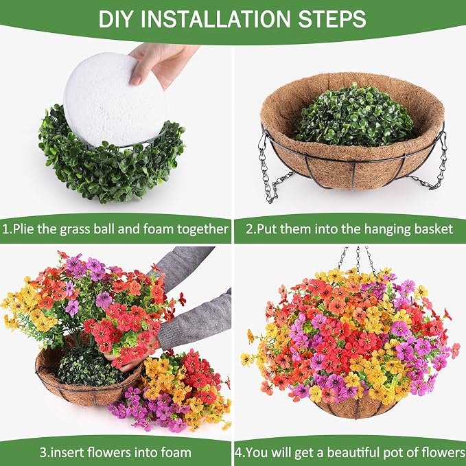 AGIRL 2 Set Artificial Hanging Flowers with Baskets for Outdoors,UV Resistant Fake Hanging Plants for Outdoor Porch Patio Garden, Realistic Silk Flowers for Spring Summer Home Decor