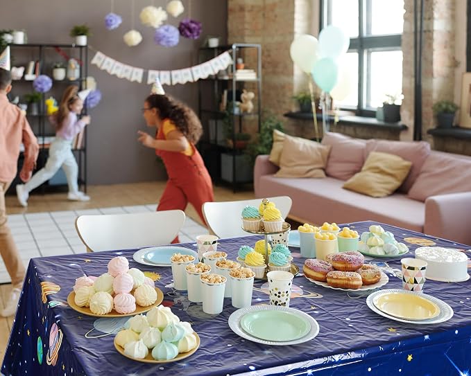 Oudain 162 Pcs Astronaut Space Birthday Party Decorations for 20 Guests Space Plates and Napkins Party Supplies 2 Plastic Solar System Tablecloth Dinnerware Cups Planet Table Cover for Kids