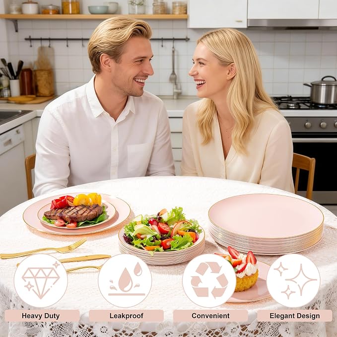 YOUBET 125PCS Pink Plastic Plates - Pink Disposable Plates With Gold Rim - Pinks and Gold Plates Include 25 Dinner Plates, 25 Dessert Plate, 75 Cutlery for Party Wedding Birthday