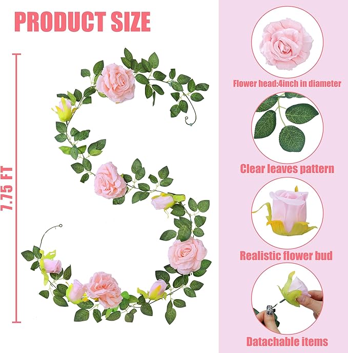 Sggvecsy 6Pcs 46.5Ft Artificial Rose Vine Fake Flower Garland Floral Garland Faux Silk Hanging Vine Rose Ivy Vines for Wedding Arch Party Wall Garden Ceremony Background Outdoor Decor (Pink)