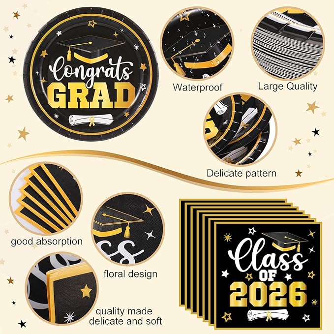 Funnymoom 452 Pcs Class of 2026 Graduation Party Decorations Supplies Include Black and Gold Graduation Paper Plates Napkins Cups Tablecloth Cutlery Straws for Congrats Grad Party