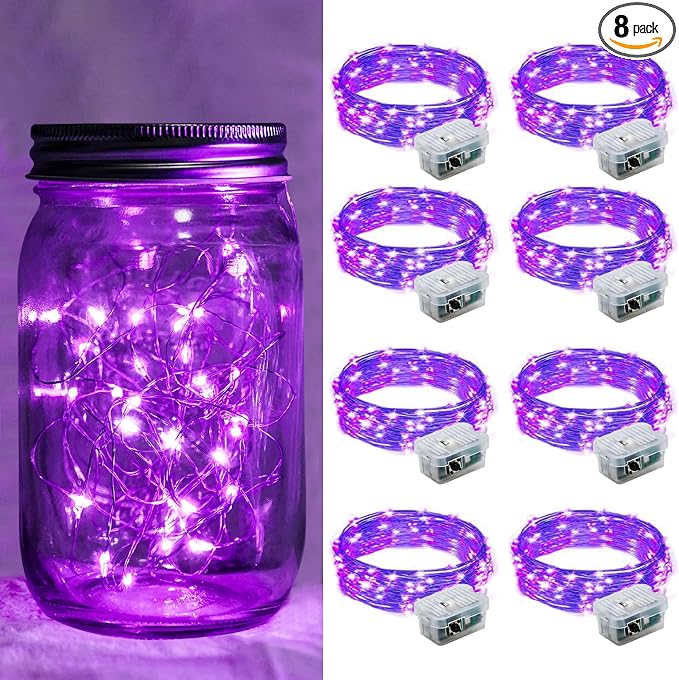 8 Pack Purple Fairy Lights 7Ft 20 LED Twinkle String Lights 3 Modes Battery Operated Waterproof Firefly Starry for Mason Jar Wedding Halloween Christmas Valentines Day Party Table Centerpieces