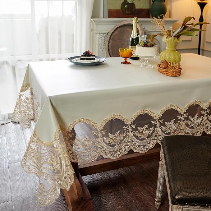 ARTABLE Lace Tablecloth Rectangle Waterproof Table Cover with Exquisite Macrame Border for Wedding Kitchen Holidays Party Decor (Beige, 60 x 84 Inch)