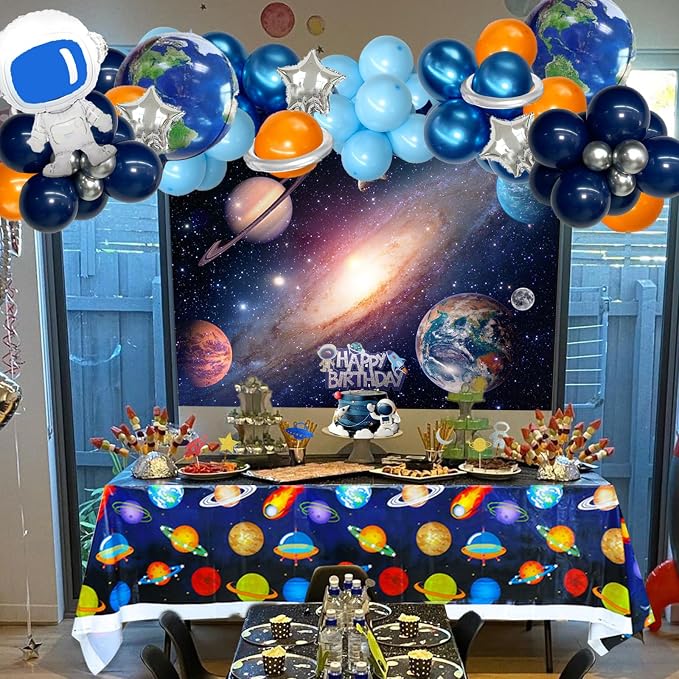 Hombae Space Birthday Party Decorations, Outer Space Galaxy Birthday Decorations Backdrop Balloon Garland Hanging Swirl Banner Tablecloth Cake Topper Solar System Planet Astronaut Rocket Blue