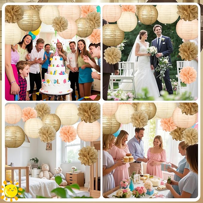 18pcs Champagne-Gold Paper Lanterns Decoration Gold White Hanging Décor Pom Poms Paper Flower Party Supply for Baby Shower Wedding Valentine Birthday Party