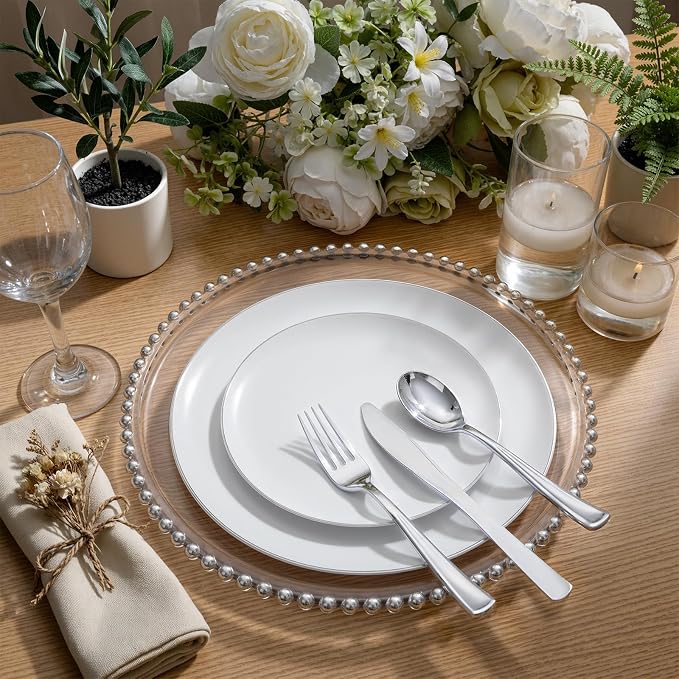 KIRE 100PCS Silver Plastic Plates - Heavy Duty White Disposable Plates with Silver Rim for Party/Wedding - Include 50Pcs 10.25inch Dinner Plates and 50Pcs 7.5inch Dessert Plates for Party/Father's Day
