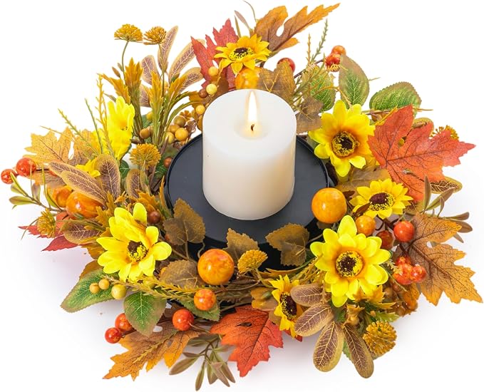 MOYEE Autumn Centerpieces for Tables Candle Ring, Black Metal Candlestick with an Artificial Wreaths 14 in Versatile Dining Table Centerpiece Decor (Yellow Sunflower Wreath)