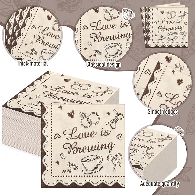 Ziliny 280 Pcs Love Is Brewing Bridal Shower Decorations Disposable Tableware Set Coffee Theme Paper Plates Napkins Plastic Knives Forks Spoons for Bachelorette Party Supplies Baby Shower Serves 40