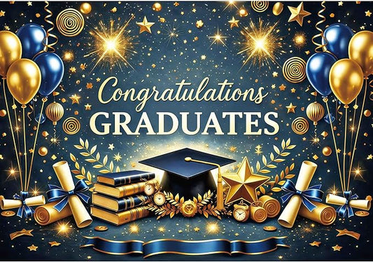 Class of 2026 Graduation Backdrop - 10x8ft Congraduations Graduate 2026 Photo Booth Background for Prom Party with Blue and Gold Congrats Grad Banner Supplies Decor (Blue)