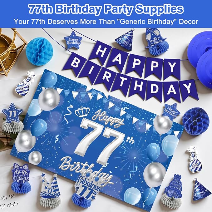 Happy Birthday Party Decoration Set: Including Birthday Banner Backdrop, Party Table Centerpieces and Hanging Swirl Party Streamers, Birthday Decor Suppliers for Men and Women (Blue, 77th Birthday)