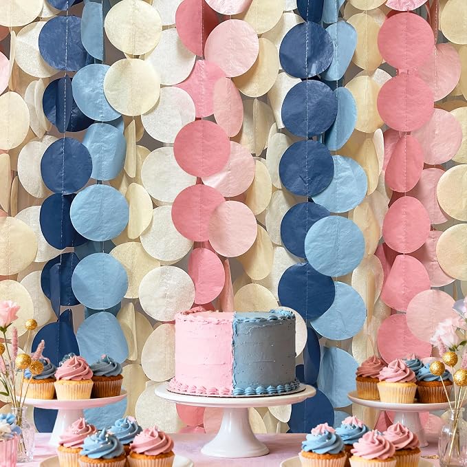 205 Ft Dusty Rose Pink Blue Khaki Beige Circle Dot Backdrop Garland Tissue Paper Polka Dots Hanging Streamer for Gender Reveal He or She Boy or Girl Baby Shower Birthday Wedding Party Decorations