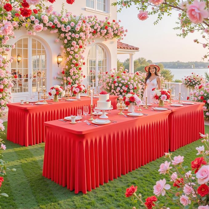 2 Pack Red Table Cloth for 8 Foot Rectangle Tables Spandex Fitted Tablecloth 8ft Stretch Table Covers Skirt Red Banquet Tablecloths Wrinkle Free Tablecloth for Party Wedding Birthday Event