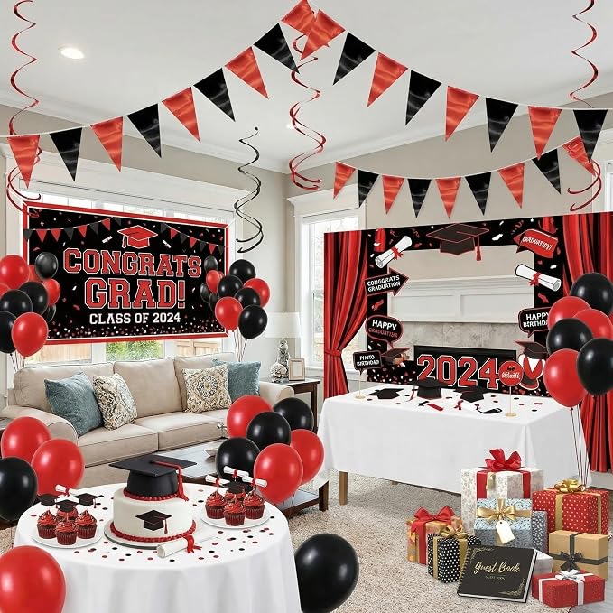 130FT Red Black Triangle Pennant Banner Flag Metallic Fabric Bunting Garland for Christmas Graduation Bachelorette Anniversary Birthday Engagement Wedding Anniversary Casino Party Decorations Supplies
