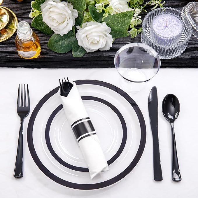 Liacere 350PCS Clear Black 350PCS Disposable Dinnerware Set for 50 Guests- 100 Plastic Plates, 50 Pre rolled Black Silverware,50 Plastic Cups for Wedding & Party & Graduation