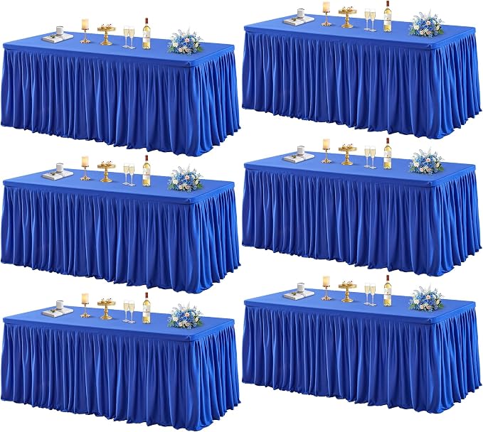 PARTISKY 6 Pack Royal Blue Tablecloths for Rectangle Tables 6ft, Wrinkle Resistant Spandex Table Cover Fitted Stretch Table Cloth with Pleated Ruffle Skirts for Party Banquet Dining Birthday Wedding