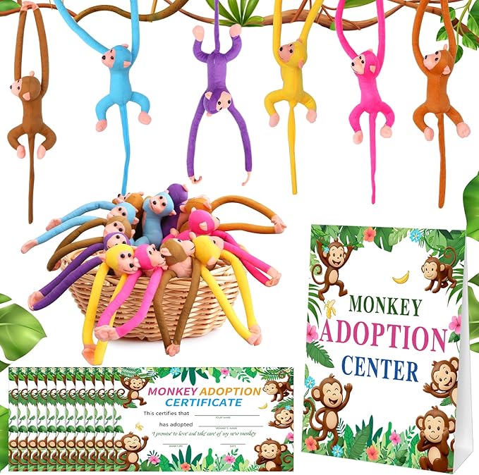 25 Pcs Adopt a Hanging Monkey Plush Party Supplies Jungle Animal Include 12 Plush Safari Animal 12 Adopt Cards 1 Adopt Sign for Adopt A Pet Party (Monkey, 12 Set)