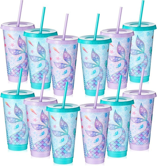 Uiifan 12 Pcs Mermaid Party Cups with Lid and Straw 24oz Mermaid Birthday Decorations Tail Shell Starfish Reusable Cup for Birthday Baby Shower Ocean Party Supplies