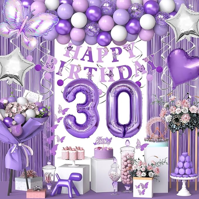 30th Purple Birthday Decorations for Women, Purple Pink 30th Birthday Decorations Butterfly Theme Lavender Party Decor Set with Number Balloons, Banner, Sash, Butterfly Stickers