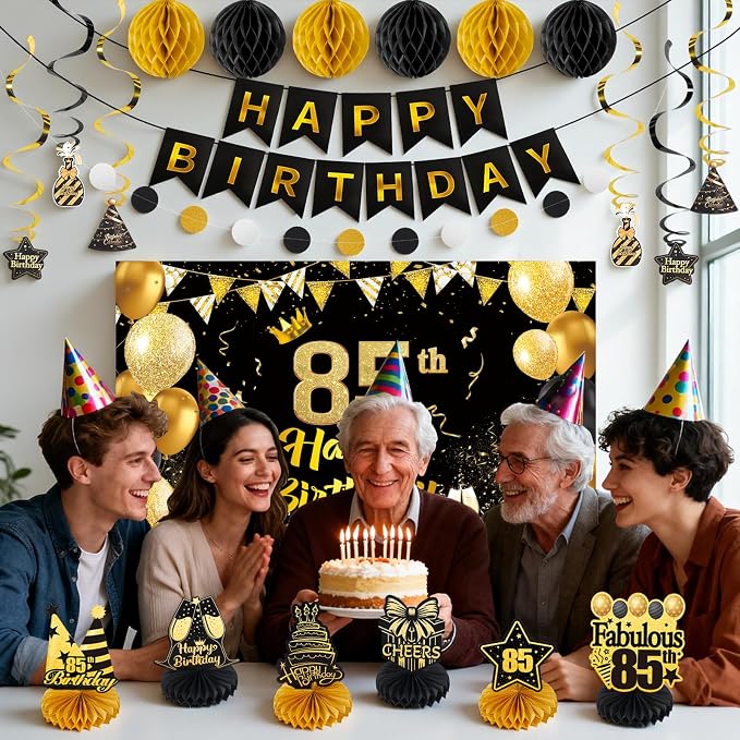 Happy 85th Birthday Party Decoration: Including Birthday Banner Backdrop, Party Table Centerpieces and Hanging Swirl Party Streamers, Birthday Decor for Men and Women (Gold/Black, 85th Birthday)