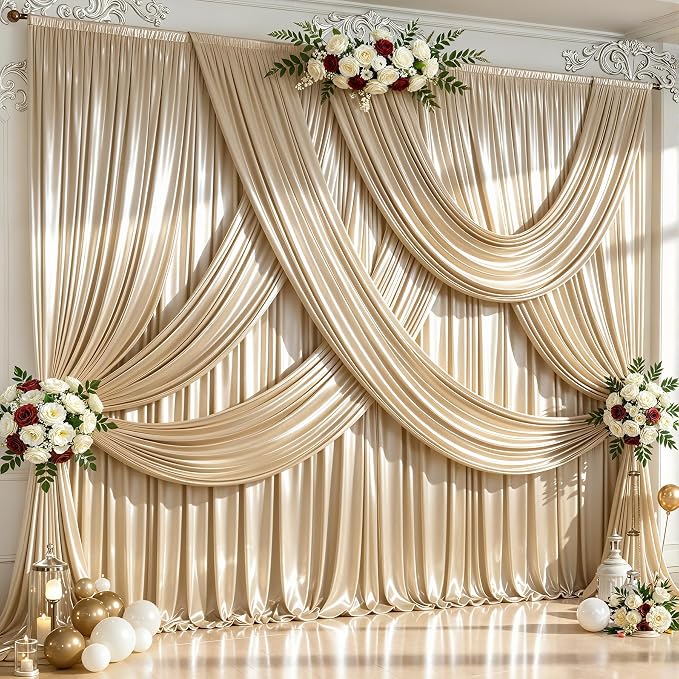 20x10ft Champagne Gold Glitter Backdrop Curtain for Parties, Wrinkle Free Satin Photo Backdrop Drapes 4 Panels Shimmer Back Drop Cloth for Wedding Birthday Baby Shower Photography Background Decor